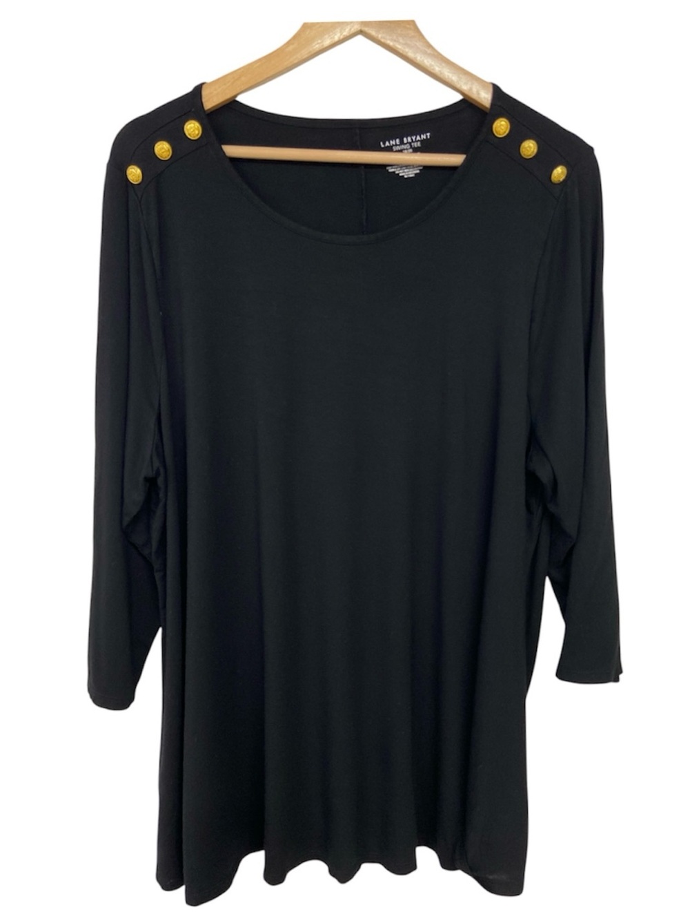 Lane Bryant Black Swing Tee with Gold Shoulder Buttons Size 18/20